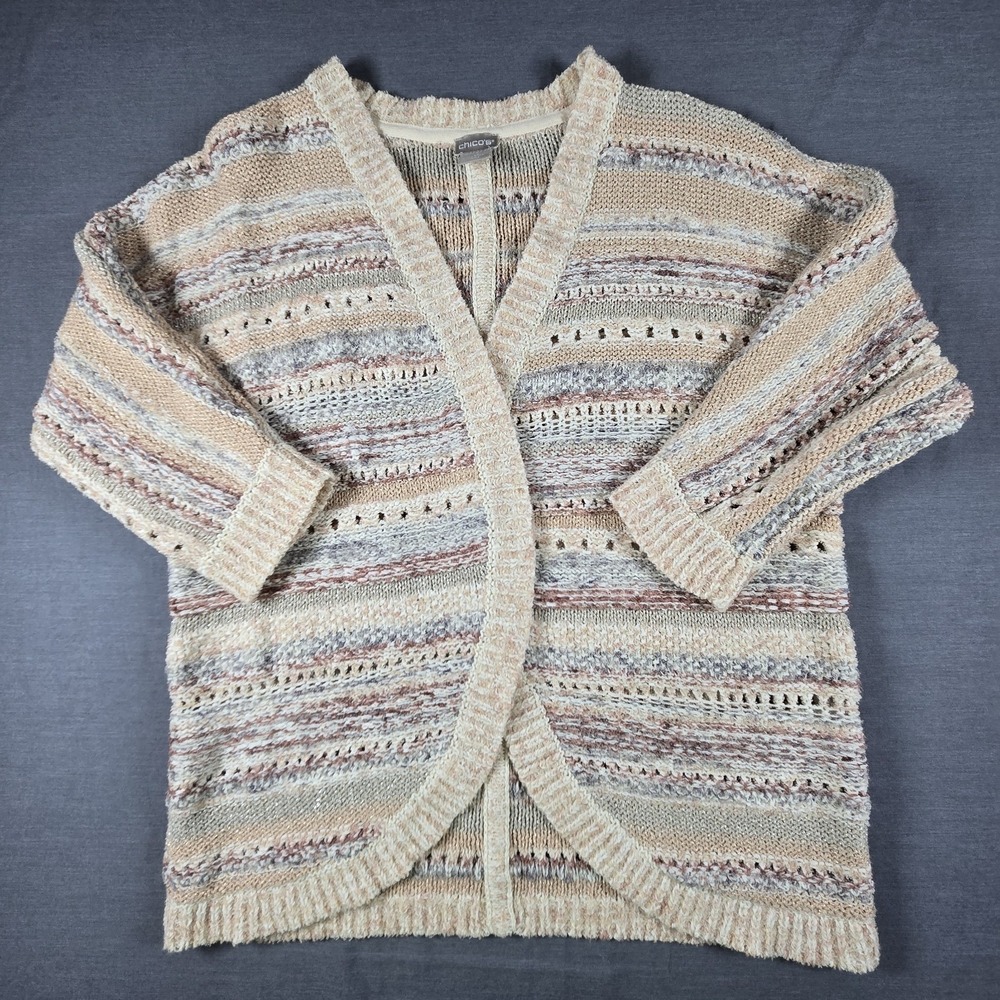 Chicos Textured Multi-Stripe Open Front Cardigan Sweater S‎ Coastal Boho Neutral